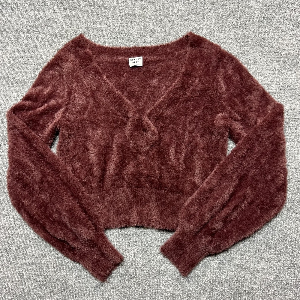 Sunday Best Sweater Womens Small Fuzzy V Neck Cropped Knit Pullover
